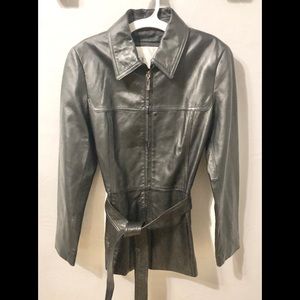 Nine West black leather belted car length coat S